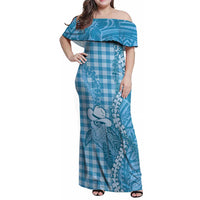 Blue Hawaii Palaka Cowboy Turtle Family Matching Off Shoulder Maxi Dress and Hawaiian Shirt Hawaiian Paniolo Puakenikeni Maile Lei DT05 Mom's Dress Blue - Polynesian Pride