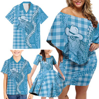 Blue Hawaii Palaka Cowboy Turtle Family Matching Off Shoulder Short Dress and Hawaiian Shirt Hawaiian Paniolo Puakenikeni Maile Lei - Polynesian Pride