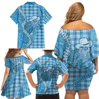 Blue Hawaii Palaka Cowboy Turtle Family Matching Off Shoulder Short Dress and Hawaiian Shirt Hawaiian Paniolo Puakenikeni Maile Lei - Polynesian Pride