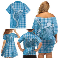 Blue Hawaii Palaka Cowboy Turtle Family Matching Off Shoulder Short Dress and Hawaiian Shirt Hawaiian Paniolo Puakenikeni Maile Lei DT05 - Polynesian Pride