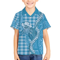 Blue Hawaii Palaka Cowboy Turtle Family Matching Off Shoulder Short Dress and Hawaiian Shirt Hawaiian Paniolo Puakenikeni Maile Lei DT05 Son's Shirt Blue - Polynesian Pride
