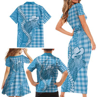 Blue Hawaii Palaka Cowboy Turtle Family Matching Short Sleeve Bodycon Dress and Hawaiian Shirt Hawaiian Paniolo Puakenikeni Maile Lei - Polynesian Pride