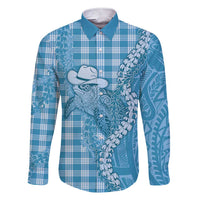 Blue Hawaii Palaka Cowboy Turtle Family Matching Short Sleeve Bodycon Dress and Hawaiian Shirt Hawaiian Paniolo Puakenikeni Maile Lei DT05 Dad's Shirt - Long Sleeve Blue - Polynesian Pride
