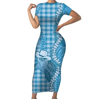 Blue Hawaii Palaka Cowboy Turtle Family Matching Short Sleeve Bodycon Dress and Hawaiian Shirt Hawaiian Paniolo Puakenikeni Maile Lei - Polynesian Pride