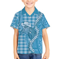 Blue Hawaii Palaka Cowboy Turtle Family Matching Short Sleeve Bodycon Dress and Hawaiian Shirt Hawaiian Paniolo Puakenikeni Maile Lei DT05 Son's Shirt Blue - Polynesian Pride