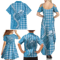 Blue Hawaii Palaka Cowboy Turtle Family Matching Summer Maxi Dress and Hawaiian Shirt Hawaiian Paniolo Puakenikeni Maile Lei - Polynesian Pride