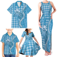 Blue Hawaii Palaka Cowboy Turtle Family Matching Tank Maxi Dress and Hawaiian Shirt Hawaiian Paniolo Puakenikeni Maile Lei - Polynesian Pride