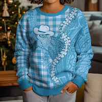 Blue Hawaii Palaka Cowboy Turtle Kid Ugly Christmas Sweater Hawaiian Paniolo Puakenikeni Maile Lei - Polynesian Pride