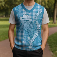 Blue Hawaii Palaka Cowboy Turtle Christmas Knitted V-Neck Vest Hawaiian Paniolo Puakenikeni Maile Lei DT05 - Polynesian Pride