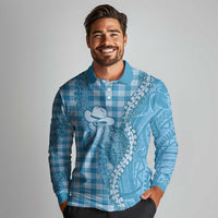 Blue Hawaii Palaka Cowboy Turtle Long Sleeve Polo Shirt Hawaiian Paniolo Puakenikeni Maile Lei - Polynesian Pride