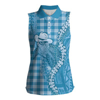 Blue Hawaii Palaka Cowboy Turtle Women Sleeveless Polo Shirt Hawaiian Paniolo Puakenikeni Maile Lei - Polynesian Pride