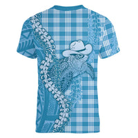 Blue Hawaii Palaka Cowboy Turtle Women V-Neck T-Shirt Hawaiian Paniolo Puakenikeni Maile Lei DT05 - Polynesian Pride