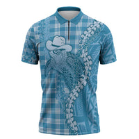 Blue Hawaii Palaka Cowboy Turtle Zipper Polo Shirt Hawaiian Paniolo Puakenikeni Maile Lei DT05 Blue - Polynesian Pride