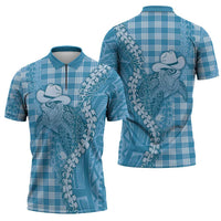 Blue Hawaii Palaka Cowboy Turtle Zipper Polo Shirt Hawaiian Paniolo Puakenikeni Maile Lei - Polynesian Pride