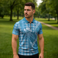 Blue Hawaii Palaka Cowboy Turtle Zipper Polo Shirt Hawaiian Paniolo Puakenikeni Maile Lei DT05 - Polynesian Pride