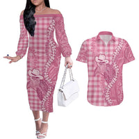 Pink Hawaii Palaka Cowboy Turtle Couples Matching Off The Shoulder Long Sleeve Dress and Hawaiian Shirt Hawaiian Paniolo Puakenikeni Maile Lei DT05 Pink - Polynesian Pride