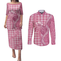 Pink Hawaii Palaka Cowboy Turtle Couples Matching Puletasi and Long Sleeve Button Shirt Hawaiian Paniolo Puakenikeni Maile Lei DT05 Pink - Polynesian Pride