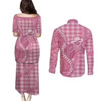 Pink Hawaii Palaka Cowboy Turtle Couples Matching Puletasi and Long Sleeve Button Shirt Hawaiian Paniolo Puakenikeni Maile Lei DT05 - Polynesian Pride