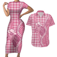 Pink Hawaii Palaka Cowboy Turtle Couples Matching Short Sleeve Bodycon Dress and Hawaiian Shirt Hawaiian Paniolo Puakenikeni Maile Lei DT05 Pink - Polynesian Pride