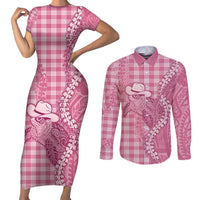 Pink Hawaii Palaka Cowboy Turtle Couples Matching Short Sleeve Bodycon Dress and Long Sleeve Button Shirt Hawaiian Paniolo Puakenikeni Maile Lei DT05 Pink - Polynesian Pride