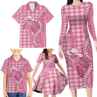 Pink Hawaii Palaka Cowboy Turtle Family Matching Long Sleeve Bodycon Dress and Hawaiian Shirt Hawaiian Paniolo Puakenikeni Maile Lei DT05 - Polynesian Pride