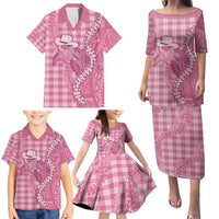 Pink Hawaii Palaka Cowboy Turtle Family Matching Puletasi and Hawaiian Shirt Hawaiian Paniolo Puakenikeni Maile Lei - Polynesian Pride