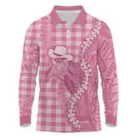 Pink Hawaii Palaka Cowboy Turtle Long Sleeve Polo Shirt Hawaiian Paniolo Puakenikeni Maile Lei - Polynesian Pride