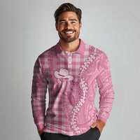 Pink Hawaii Palaka Cowboy Turtle Long Sleeve Polo Shirt Hawaiian Paniolo Puakenikeni Maile Lei - Polynesian Pride