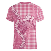 Pink Hawaii Palaka Cowboy Turtle Women V-Neck T-Shirt Hawaiian Paniolo Puakenikeni Maile Lei DT05 - Polynesian Pride