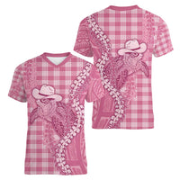 Pink Hawaii Palaka Cowboy Turtle Women V-Neck T-Shirt Hawaiian Paniolo Puakenikeni Maile Lei DT05 - Polynesian Pride
