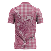Pink Hawaii Palaka Cowboy Turtle Zipper Polo Shirt Hawaiian Paniolo Puakenikeni Maile Lei - Polynesian Pride