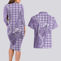 Purple Hawaii Palaka Cowboy Turtle Couples Matching Long Sleeve Bodycon Dress and Hawaiian Shirt Hawaiian Paniolo Puakenikeni Maile Lei - Polynesian Pride