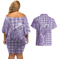 Purple Hawaii Palaka Cowboy Turtle Couples Matching Off Shoulder Short Dress and Hawaiian Shirt Hawaiian Paniolo Puakenikeni Maile Lei - Polynesian Pride