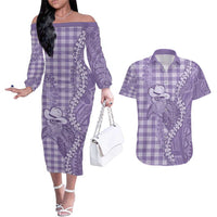 Purple Hawaii Palaka Cowboy Turtle Couples Matching Off The Shoulder Long Sleeve Dress and Hawaiian Shirt Hawaiian Paniolo Puakenikeni Maile Lei - Polynesian Pride
