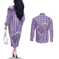 Purple Hawaii Palaka Cowboy Turtle Couples Matching Off The Shoulder Long Sleeve Dress and Long Sleeve Button Shirt Hawaiian Paniolo Puakenikeni Maile Lei - Polynesian Pride