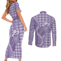 Purple Hawaii Palaka Cowboy Turtle Couples Matching Short Sleeve Bodycon Dress and Long Sleeve Button Shirt Hawaiian Paniolo Puakenikeni Maile Lei DT05 - Polynesian Pride