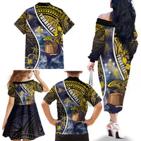 Personalised Tokelau Family Matching Off The Shoulder Long Sleeve Dress and Hawaiian Shirt National Badge Waves Style