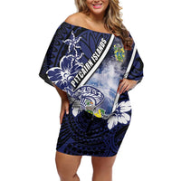 Personalised Pitcairn Islands Family Matching Off Shoulder Short Dress and Hawaiian Shirt Coat Of Arms Waves Style