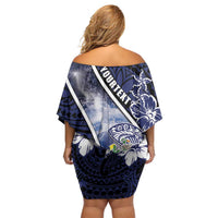 Personalised Pitcairn Islands Family Matching Off Shoulder Short Dress and Hawaiian Shirt Coat Of Arms Waves Style