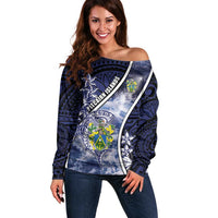 Personalised Pitcairn Islands Off Shoulder Sweater Coat Of Arms Waves Style DT05 Women Navy - Polynesian Pride