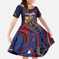 Personalised Samoa Wrestling Family Matching Off Shoulder Maxi Dress and Hawaiian Shirt Polynesian Warrior Funny Style DT05 Daughter's Dress Navy - Polynesian Pride