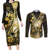 Personalised Niue Couples Matching Long Sleeve Bodycon Dress and Long Sleeve Button Shirt Niuean Crab Waves Style