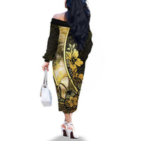 Personalised Niue Family Matching Off The Shoulder Long Sleeve Dress and Hawaiian Shirt Niuean Crab Waves Style