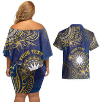 Personalised Nauru Couples Matching Off Shoulder Short Dress and Hawaiian Shirt Hibiscus Polynesian Tribal Pattern