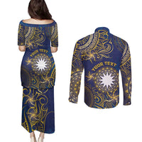 Personalised Nauru Couples Matching Puletasi and Long Sleeve Button Shirt Hibiscus Polynesian Tribal Pattern