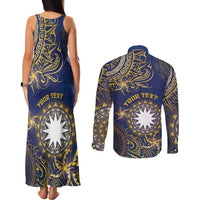 Personalised Nauru Couples Matching Tank Maxi Dress and Long Sleeve Button Shirt Hibiscus Polynesian Tribal Pattern