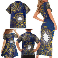 Personalised Nauru Family Matching Short Sleeve Bodycon Dress and Hawaiian Shirt Hibiscus Polynesian Tribal Pattern