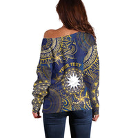 Personalised Nauru Off Shoulder Sweater Hibiscus Polynesian Tribal Pattern