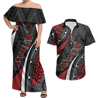 Aotearoa New Zealand Native Birds Map Couples Matching Off Shoulder Maxi Dress and Hawaiian Shirt Silver Fern Tribal Pattern