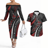 Aotearoa New Zealand Native Birds Map Couples Matching Off The Shoulder Long Sleeve Dress and Hawaiian Shirt Silver Fern Tribal Pattern
